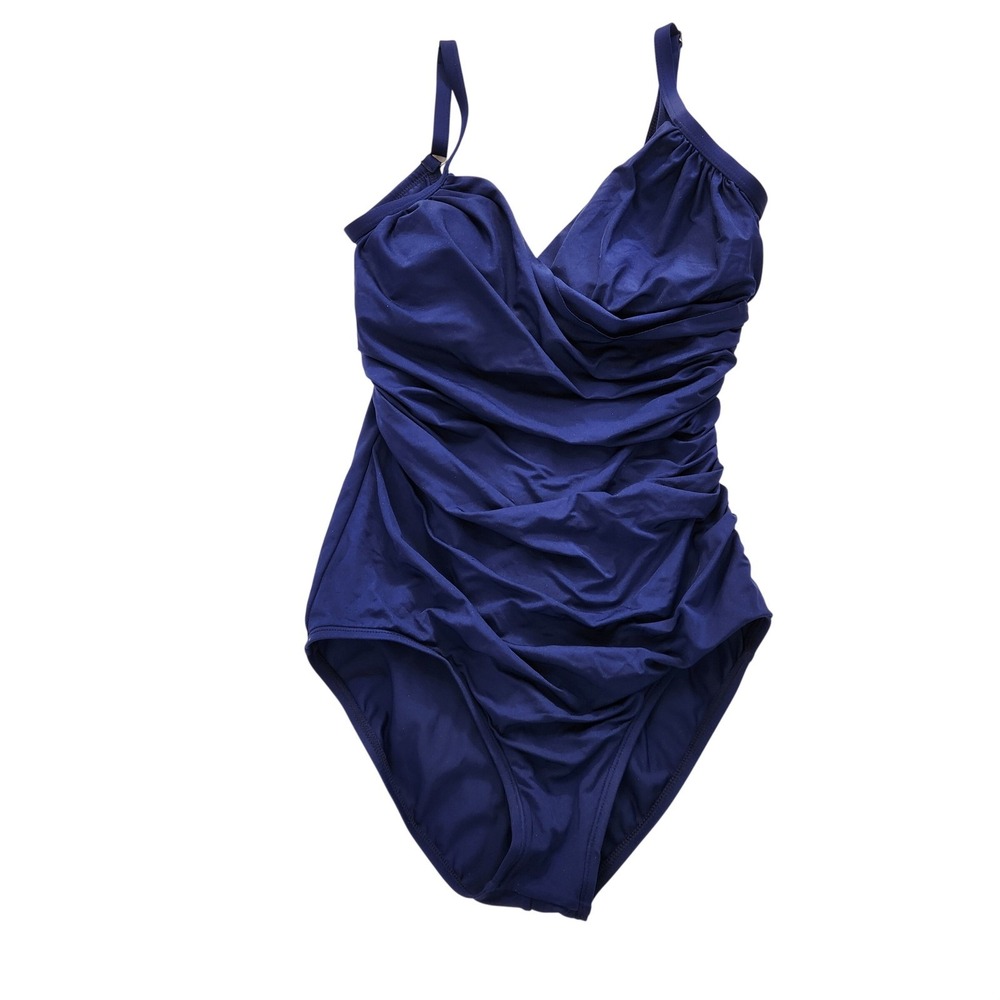 Jantzen Womens Solid Blue Ruched One Piece Swimsuit Size L - Picture 3 of 9